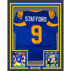 Framed Facsimile Autographed Matthew Stafford 35x39 Los Angeles LA Royal Blue Retro Reprint Laser Auto Football Jersey (ONLINE ORDER ONLY)