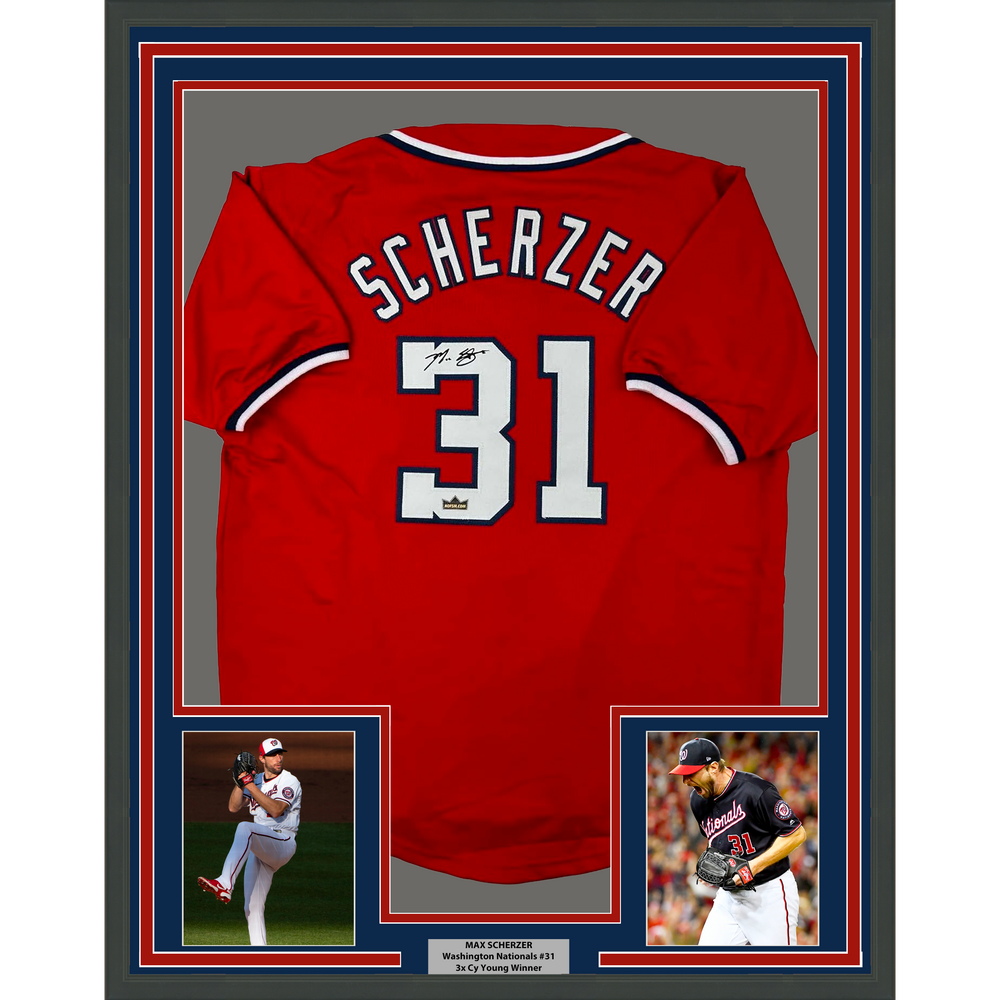 Framed Facsimile Autographed Max Scherzer 35x39 Washington Red Reprint Laser Auto Baseball Jersey (ONLINE ORDER ONLY)