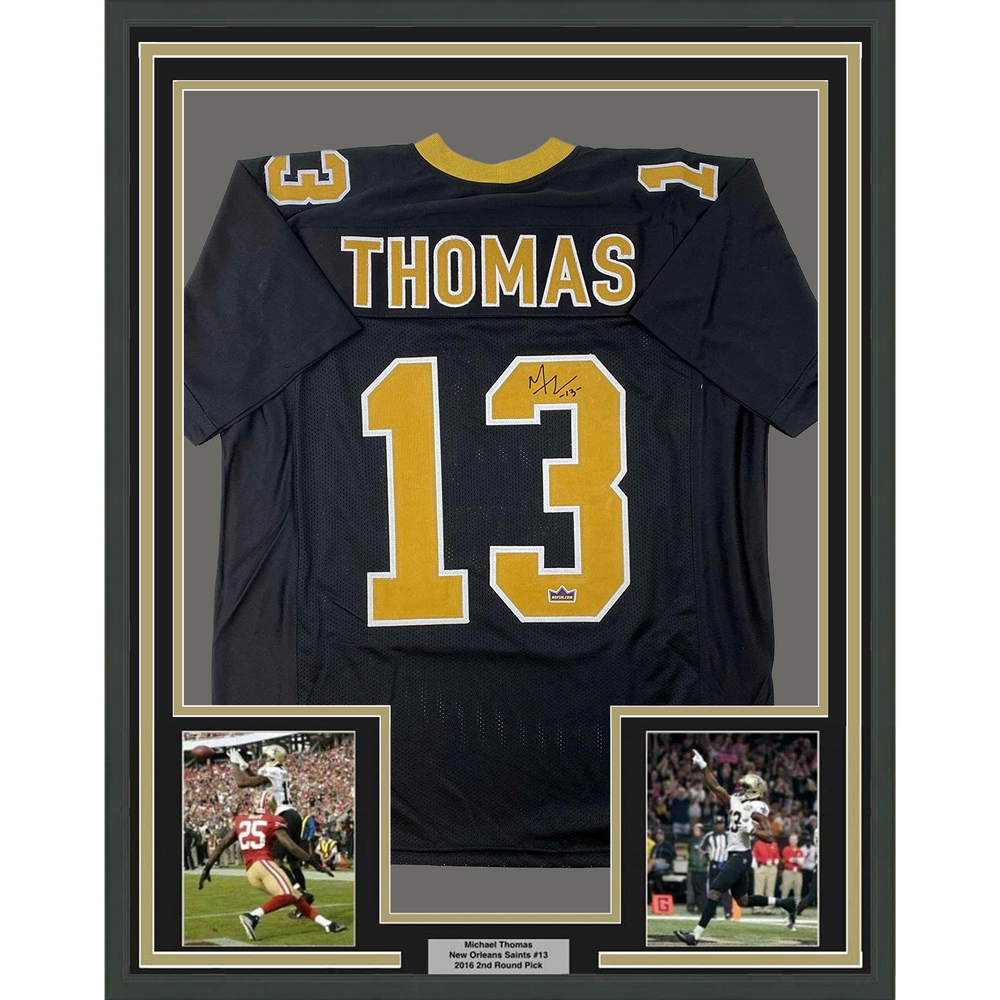 Framed Facsimile Autographed Michael Thomas 35x39 New Orleans Black Reprint Laser Auto Football Jersey Size Men's XL (ONLINE ORDER ONLY)