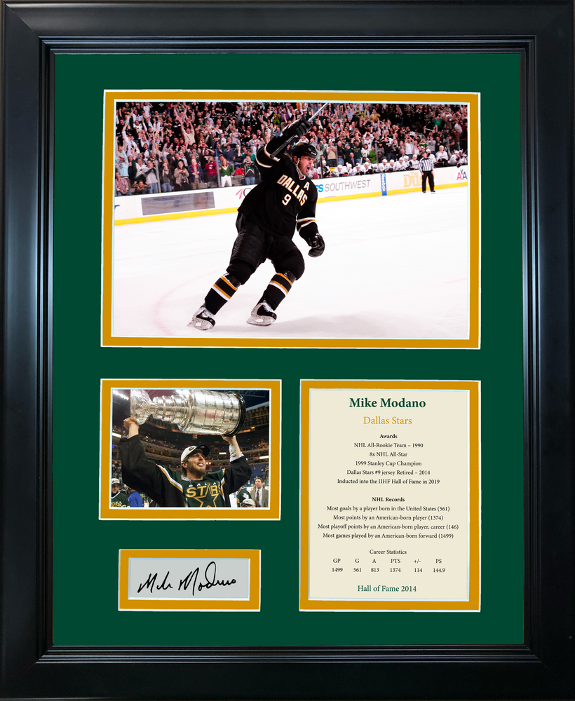 Framed Mike Modano Hall of Fame Facsimile Laser Engraved Signature Auto Dallas Stars 11"x14" Hockey Photo Sig Collage (ONLINE ORDER ONLY)
