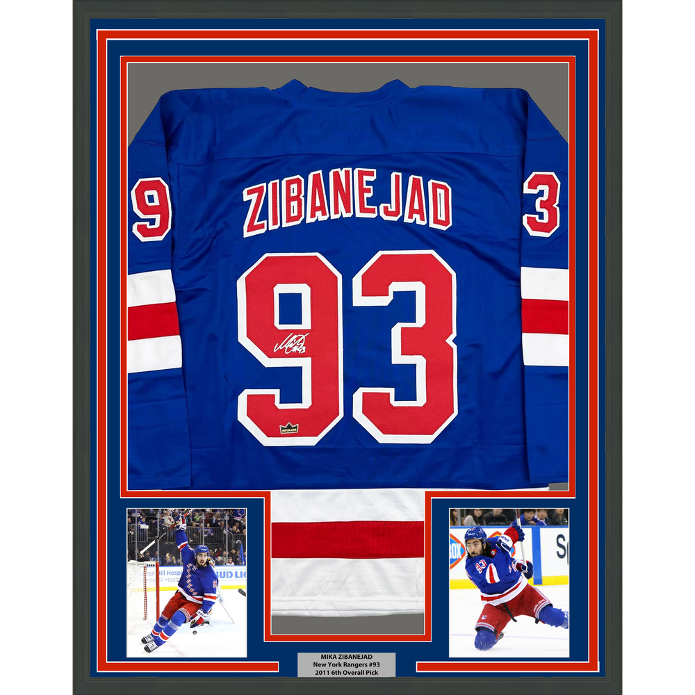Framed Facsimile Autographed Mika Zibanejad 35x39 New York Blue Reprint Laser Auto Hockey Jersey (ONLINE ORDER ONLY)