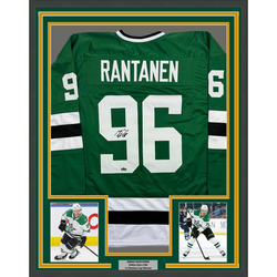Framed Facsimile Autographed Mikko Rantanen 35x39 Dallas Green Reprint Laser Auto Hockey Jersey (ONLINE ORDER ONLY)