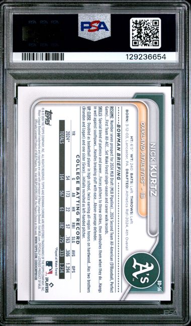 Graded 2024 Topps Bowman Draft Nick Kurtz #BD56 Rookie RC Baseball Card PSA 10 Gem Mint (ONLINE ORDER ONLY)
