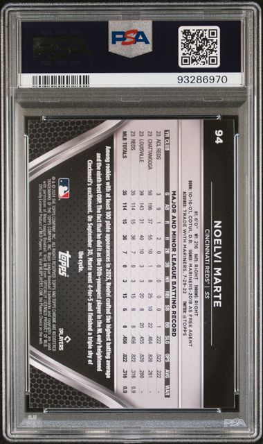 Graded 2024 Topps Chrome Black Noelvi Marte #94 Rookie RC Baseball Card PSA 10 Gem Mint (ONLINE ORDER ONLY)