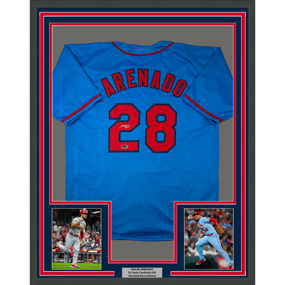 Framed Facsimile Autographed Nolan Arenado 35x39 St. Louis Blue Reprint Laser Auto Baseball Jersey (ONLINE ORDER ONLY)