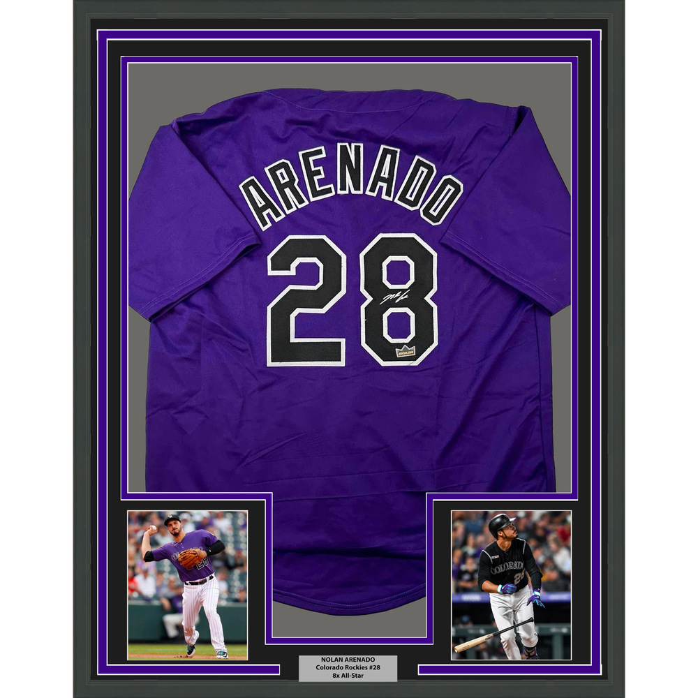 Framed Facsimile Autographed Nolan Arenado 35x39 Colorado Purple Reprint Laser Auto Baseball Jersey (ONLINE ORDER ONLY)