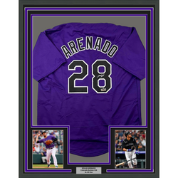 Framed Facsimile Autographed Nolan Arenado 35x39 Colorado Purple Reprint Laser Auto Baseball Jersey (ONLINE ORDER ONLY)