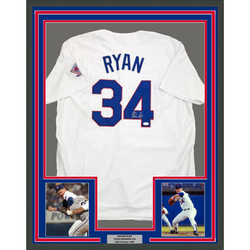 Framed Autographed/Signed Nolan Ryan 35x39 Texas Rangers White Baseball Jersey JSA COA (ONLINE ORDER ONLY)