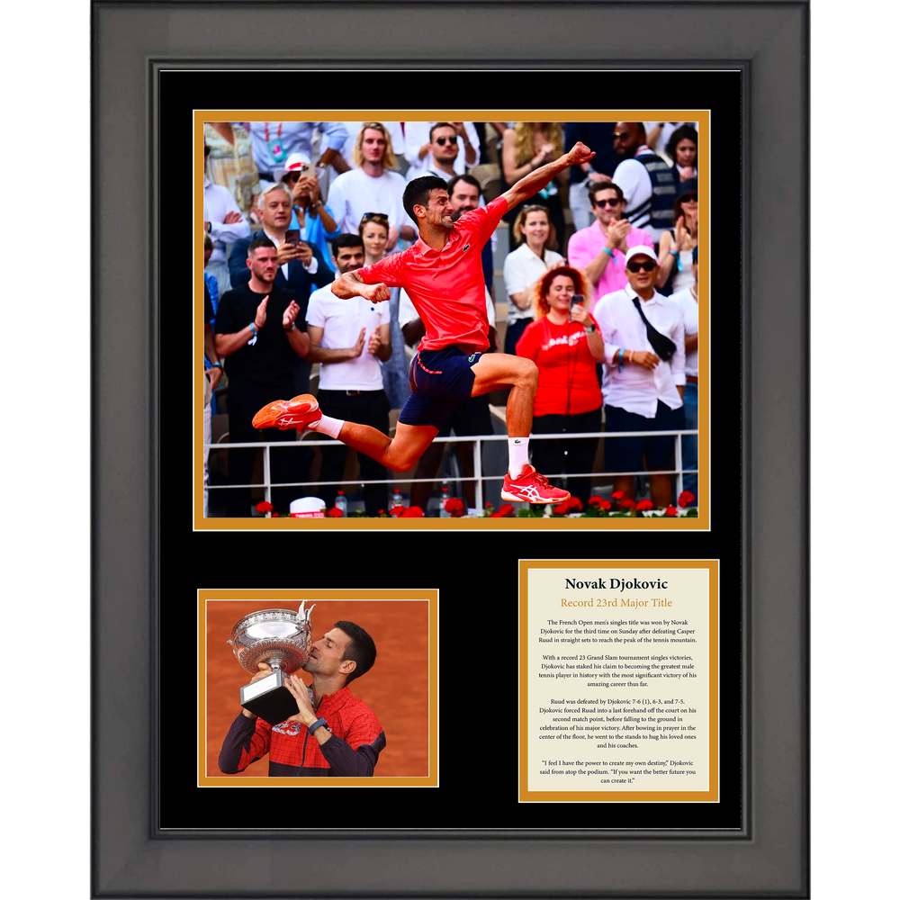 Framed Novak Djokovic Record 23 Major Titles French Open Champion Tennis 11"x14" Three Photo Collage (ONLINE ORDER ONLY)