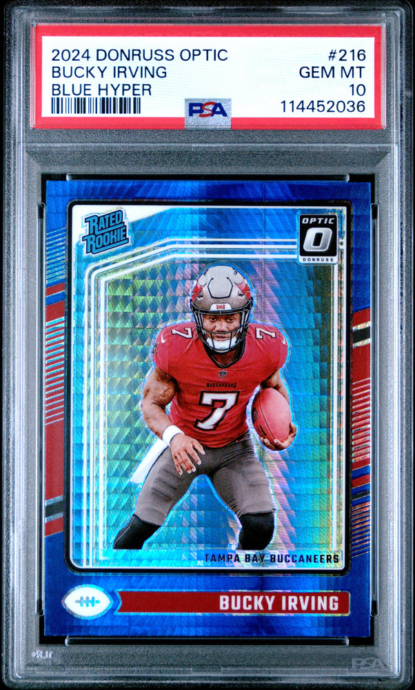 Graded 2024 Panini Donruss Optic Bucky Irving #216 Blue Hyper Rookie RC Football Card PSA 10 Gem Mint (ONLINE ORDER ONLY)
