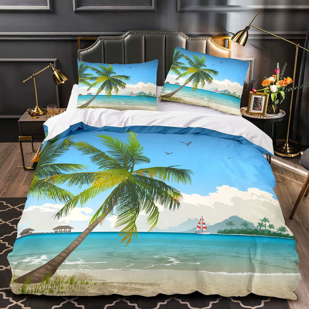 Ocean Beach Themed Coconut Tree Bedding Sets Quilt Duvet Cover Bed Linen (Online Order Only)