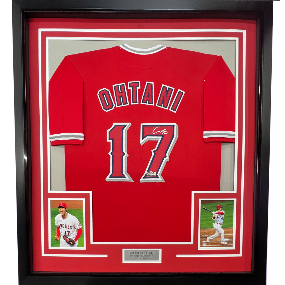 Framed Facsimile Autographed Shohei Ohtani 35x39 Los Angeles LA Anaheim Red Reprint Laser Auto Baseball Jersey (ONLINE ORDER ONLY)