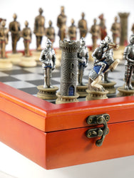 Chess Set - Armored Knights Chess Pieces on Cherry Chest (ONLINE ORDER ONLY)