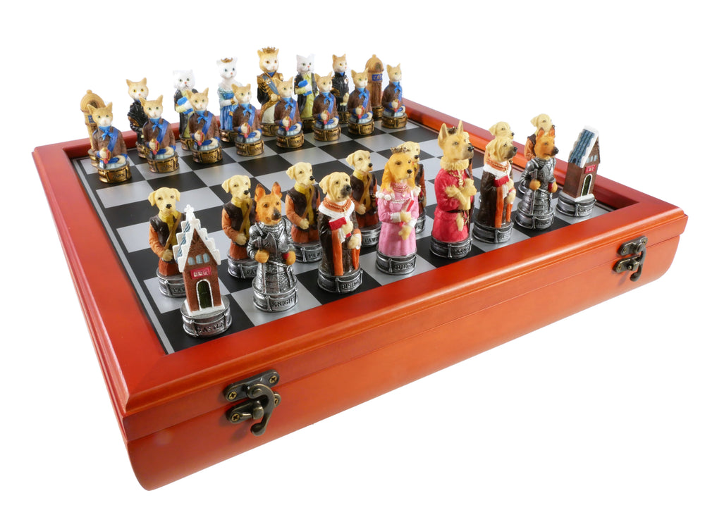 Chess Set - Cats & Dogs Resin Men on Cherry Stained Chest (ONLINE ORDER ONLY)