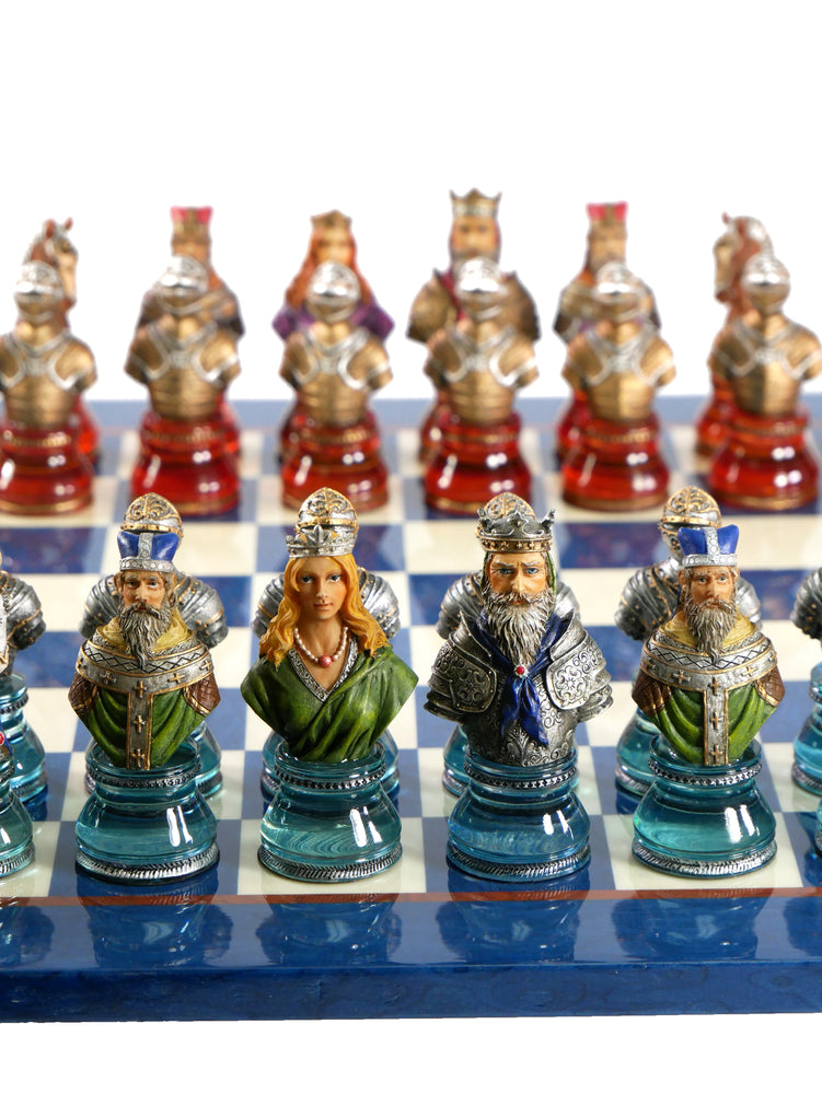 Chess Set - Camelot Busts Acrylic Base Chessmen on Blue Lacquer Chess Board (ONLINE ORDER ONLY)