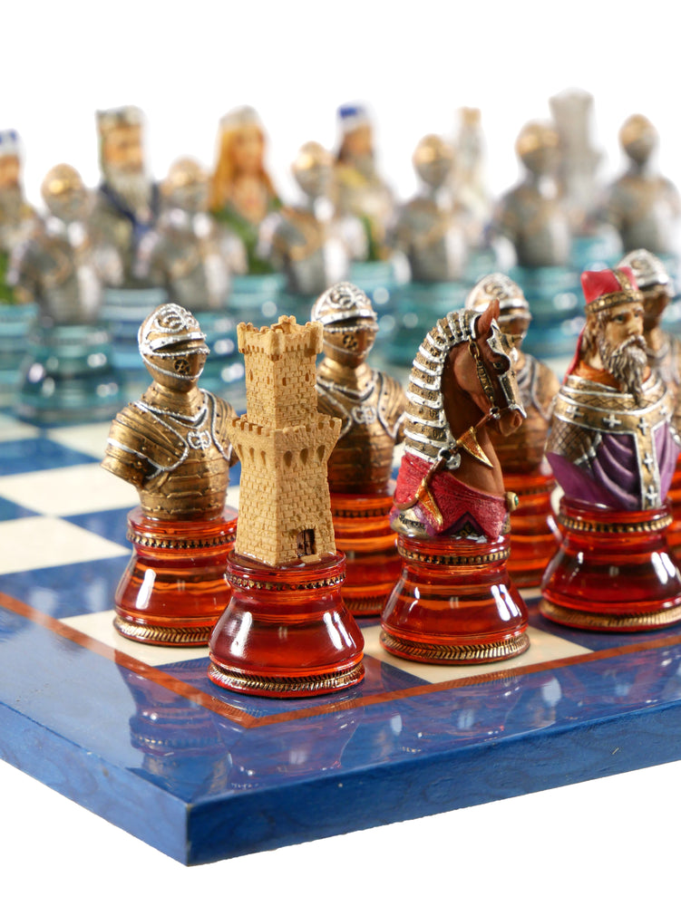 Chess Set - Camelot Busts Acrylic Base Chessmen on Blue Lacquer Chess Board (ONLINE ORDER ONLY)
