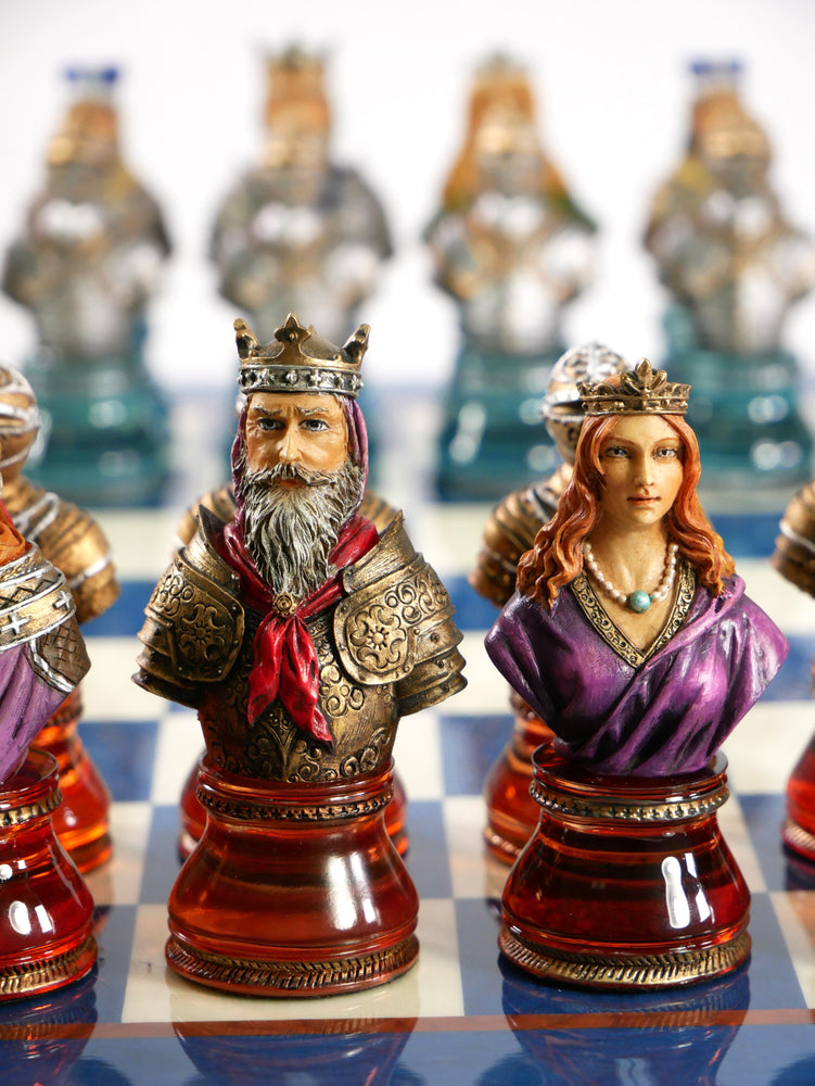 Chess Set - Camelot Busts Acrylic Base Chessmen on Blue Lacquer Chess Board (ONLINE ORDER ONLY)