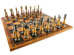 Chess Set - Big Staunton Metal and Maple & Golden Rosewood Chessmen on Faux Leather - Old Map Design (ONLINE ORDER ONLY)