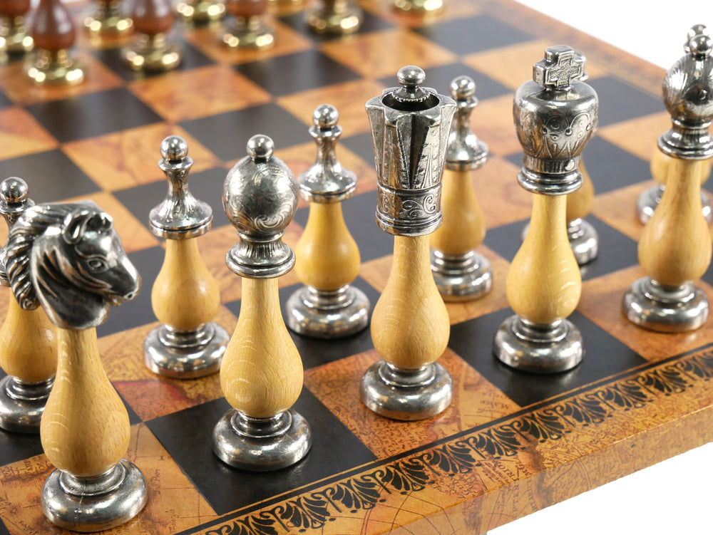 Chess Set - Big Staunton Metal and Maple & Golden Rosewood Chessmen on Faux Leather - Old Map Design (ONLINE ORDER ONLY)