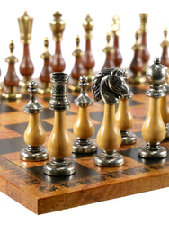 Chess Set - Big Staunton Metal and Maple & Golden Rosewood Chessmen on Faux Leather - Old Map Design (ONLINE ORDER ONLY)