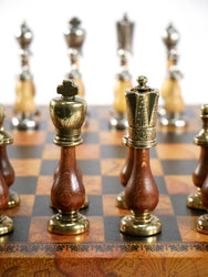 Chess Set - Big Staunton Metal and Maple & Golden Rosewood Chessmen on Faux Leather - Old Map Design (ONLINE ORDER ONLY)