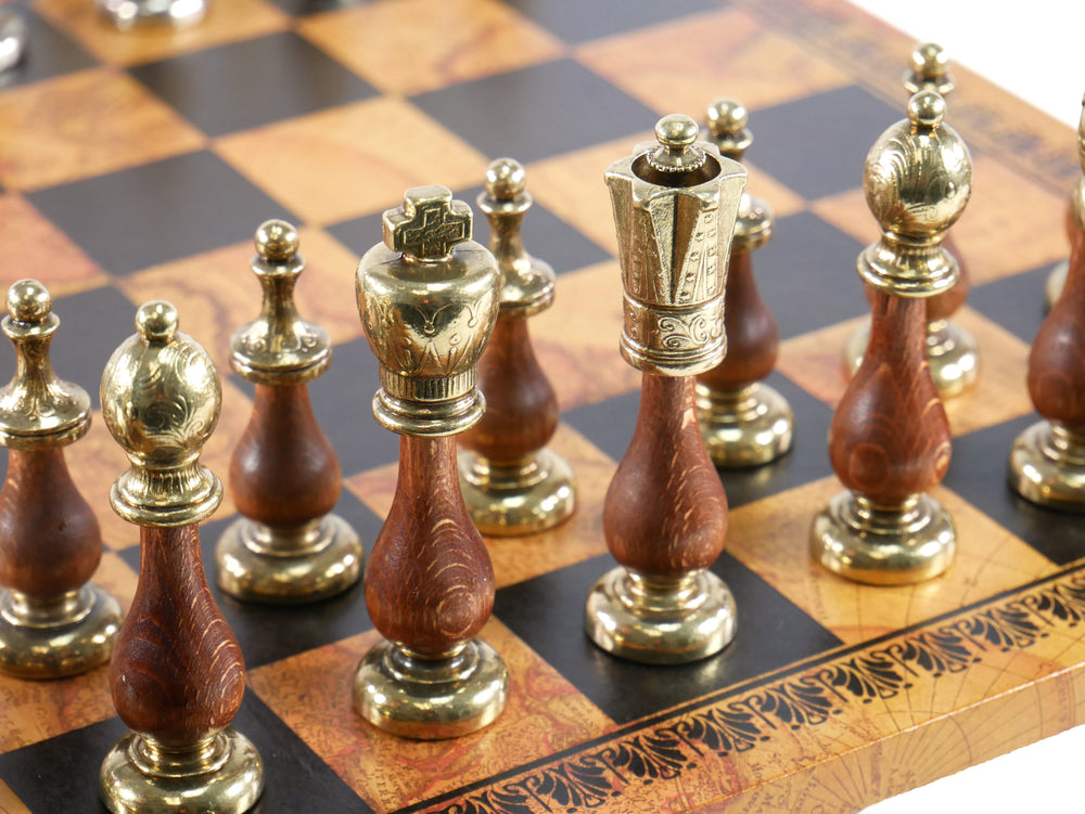 Chess Set - Big Staunton Metal and Maple & Golden Rosewood Chessmen on Faux Leather - Old Map Design (ONLINE ORDER ONLY)