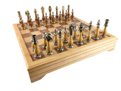 Chess Set - Big Staunton Metal and Wood Maple & Golden Rosewood Chessmen on Inlaid Beechwood Chest (ONLINE ORDER ONLY)