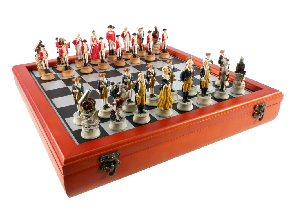 Chess Set - American Revolution Resin Chessmen on Cherry Stained Chest (ONLINE ORDER ONLY)