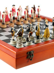 Chess Set - American Revolution Resin Chessmen on Cherry Stained Chest (ONLINE ORDER ONLY)