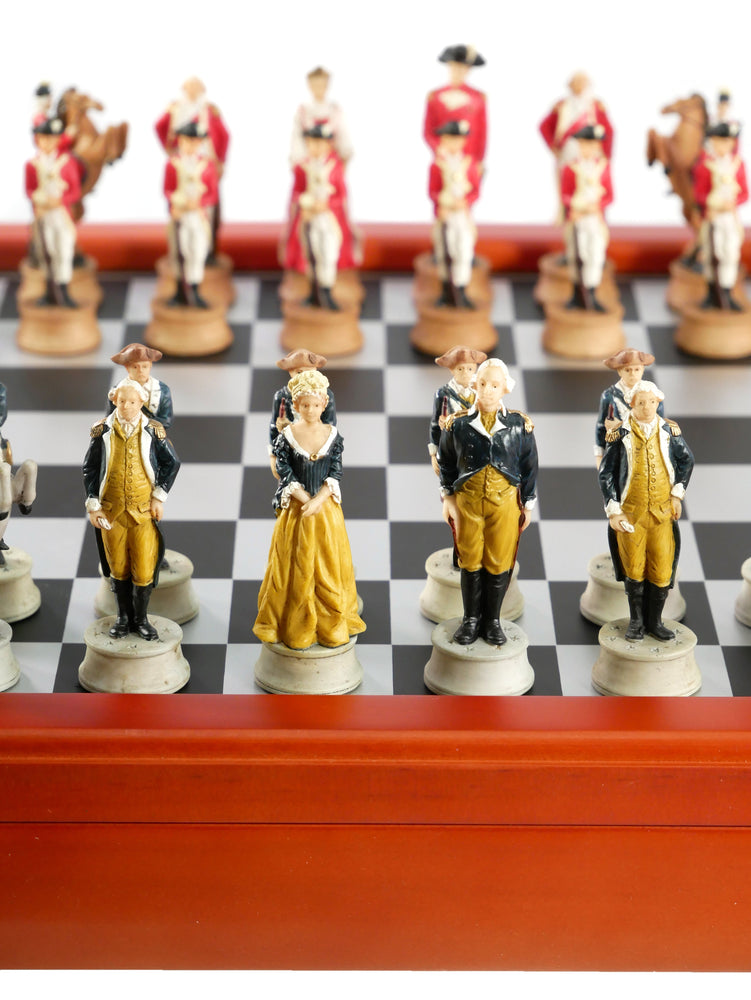 Chess Set - American Revolution Resin Chessmen on Cherry Stained Chest (ONLINE ORDER ONLY)