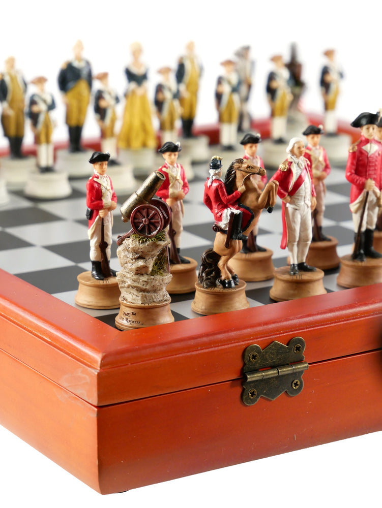 Chess Set - American Revolution Resin Chessmen on Cherry Stained Chest (ONLINE ORDER ONLY)