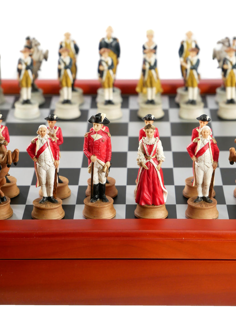 Chess Set - American Revolution Resin Chessmen on Cherry Stained Chest (ONLINE ORDER ONLY)