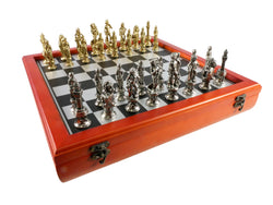Chess Set - Florence Metal Chessmen on Cherry Stained Chest (ONLINE ORDER ONLY)