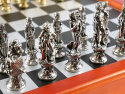 Chess Set - Florence Metal Chessmen on Cherry Stained Chest (ONLINE ORDER ONLY)