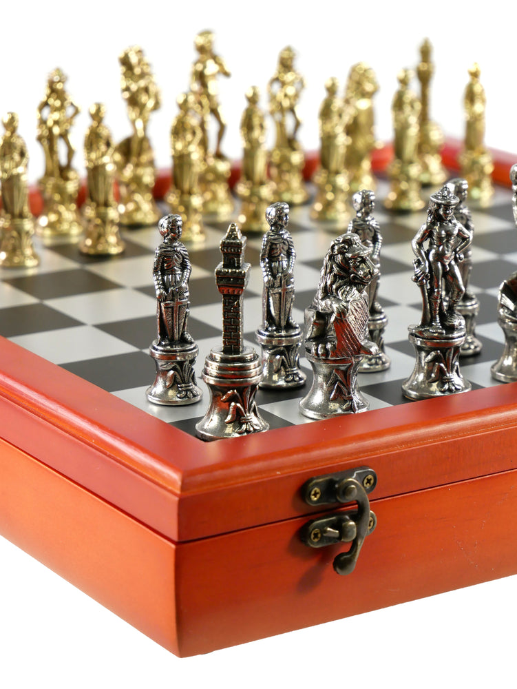 Chess Set - Florence Metal Chessmen on Cherry Stained Chest (ONLINE ORDER ONLY)
