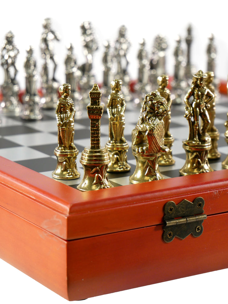 Chess Set - Florence Metal Chessmen on Cherry Stained Chest (ONLINE ORDER ONLY)