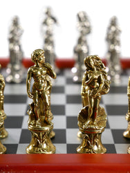 Chess Set - Florence Metal Chessmen on Cherry Stained Chest (ONLINE ORDER ONLY)
