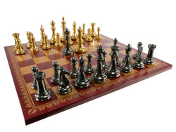 Chess Set - Solid Brass Double Queens Chessmen on Burgundy & Gold Faux Leather Chess Board (ONLINE ORDER ONLY)