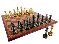 Chess Set - Solid Brass Double Queens Chessmen on Burgundy & Gold Faux Leather Chess Board (ONLINE ORDER ONLY)