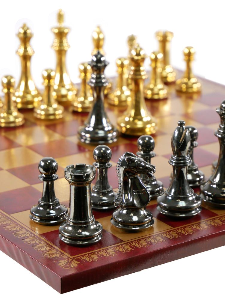 Chess Set - Solid Brass Double Queens Chessmen on Burgundy & Gold Faux Leather Chess Board (ONLINE ORDER ONLY)
