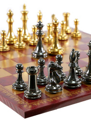 Chess Set - Solid Brass Double Queens Chessmen on Burgundy & Gold Faux Leather Chess Board (ONLINE ORDER ONLY)
