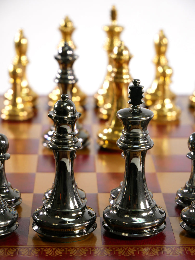 Chess Set - Solid Brass Double Queens Chessmen on Burgundy & Gold Faux Leather Chess Board (ONLINE ORDER ONLY)