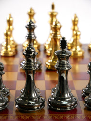 Chess Set - Solid Brass Double Queens Chessmen on Burgundy & Gold Faux Leather Chess Board (ONLINE ORDER ONLY)