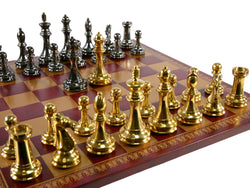 Chess Set - Solid Brass Double Queens Chessmen on Burgundy & Gold Faux Leather Chess Board (ONLINE ORDER ONLY)