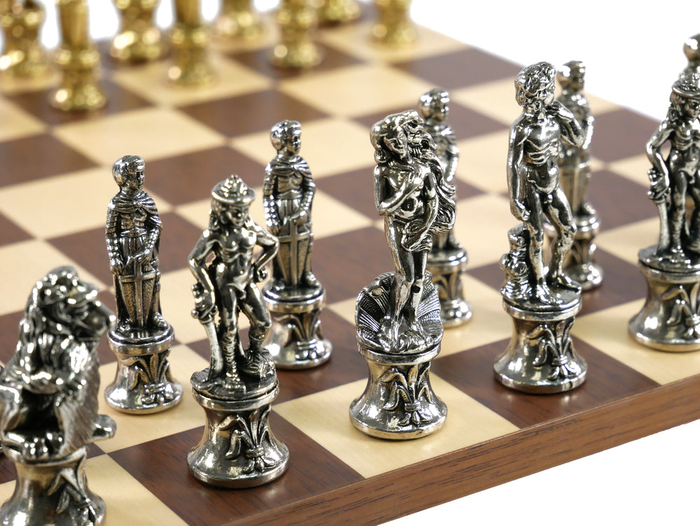 Chess Set- Florence Metal Chessmen on Dark Rosewood/Maple Basic Board (ONLINE ORDER ONLY)