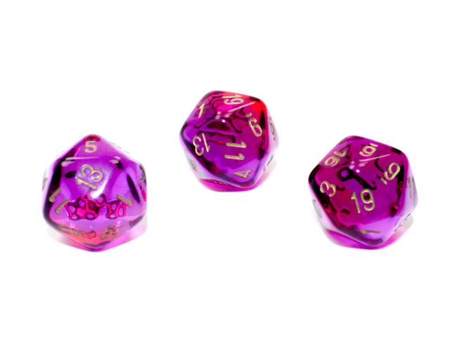 Single d20 Gemini Polyhedral Translucent Red-Violet w/gold d20 (Sold per die) (Online Only)