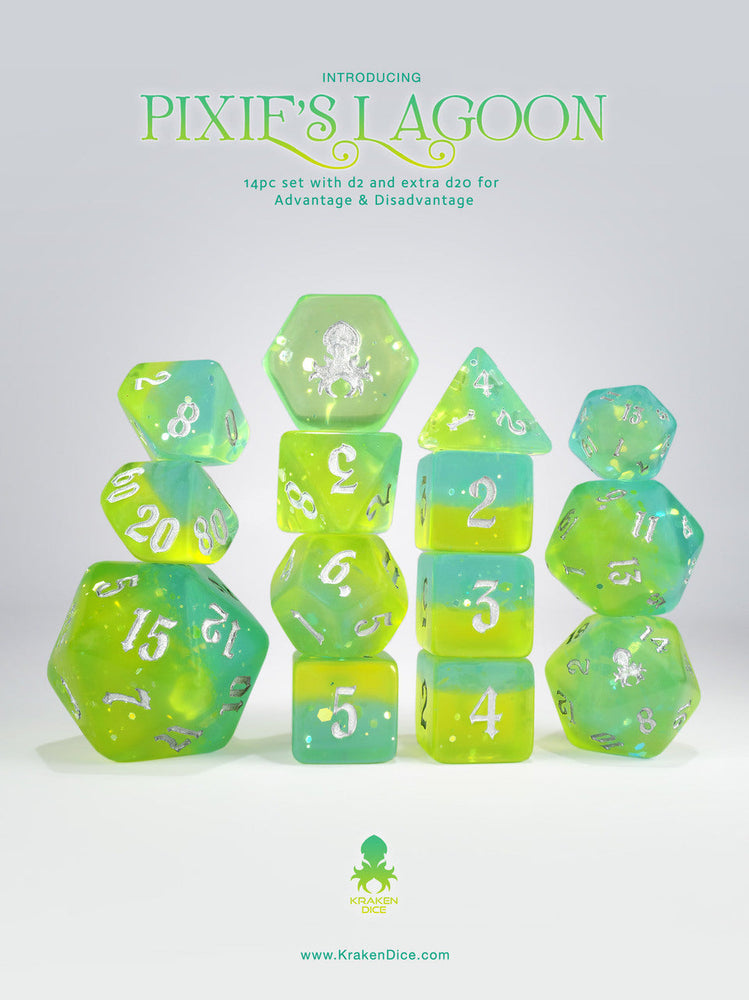 Pixie's Lagoon 14pc - Limited Run - Silver Ink Dice Set (ONLINE ORDER ONLY)