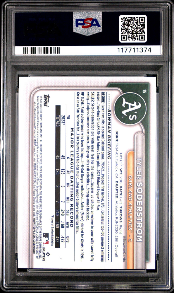 Graded 2024 Topps Bowman Tyler Soderstrom #15 Rookie RC Baseball Card PSA 9 Mint (ONLINE ORDER ONLY)