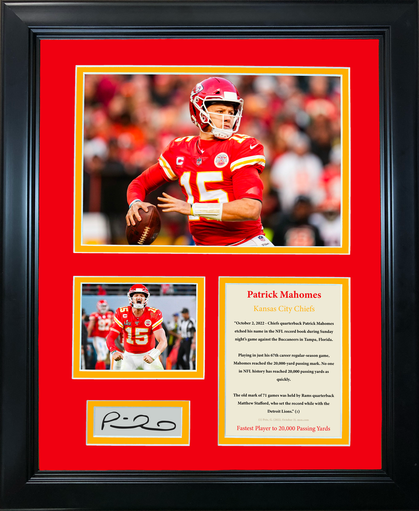 Framed Patrick Mahomes Fastest Player to 20,000 Passing Yards Record Facsimile Laser Engraved Signature Auto Kansas City Chiefs 11"x14" Photo Sig Collage (ONLINE ORDER ONLY)