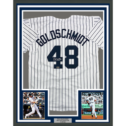 Framed Facsimile Autographed Paul Goldschmidt 35x39 New York Pinstripe Reprint Laser Auto Baseball Jersey (ONLINE ORDER ONLY)
